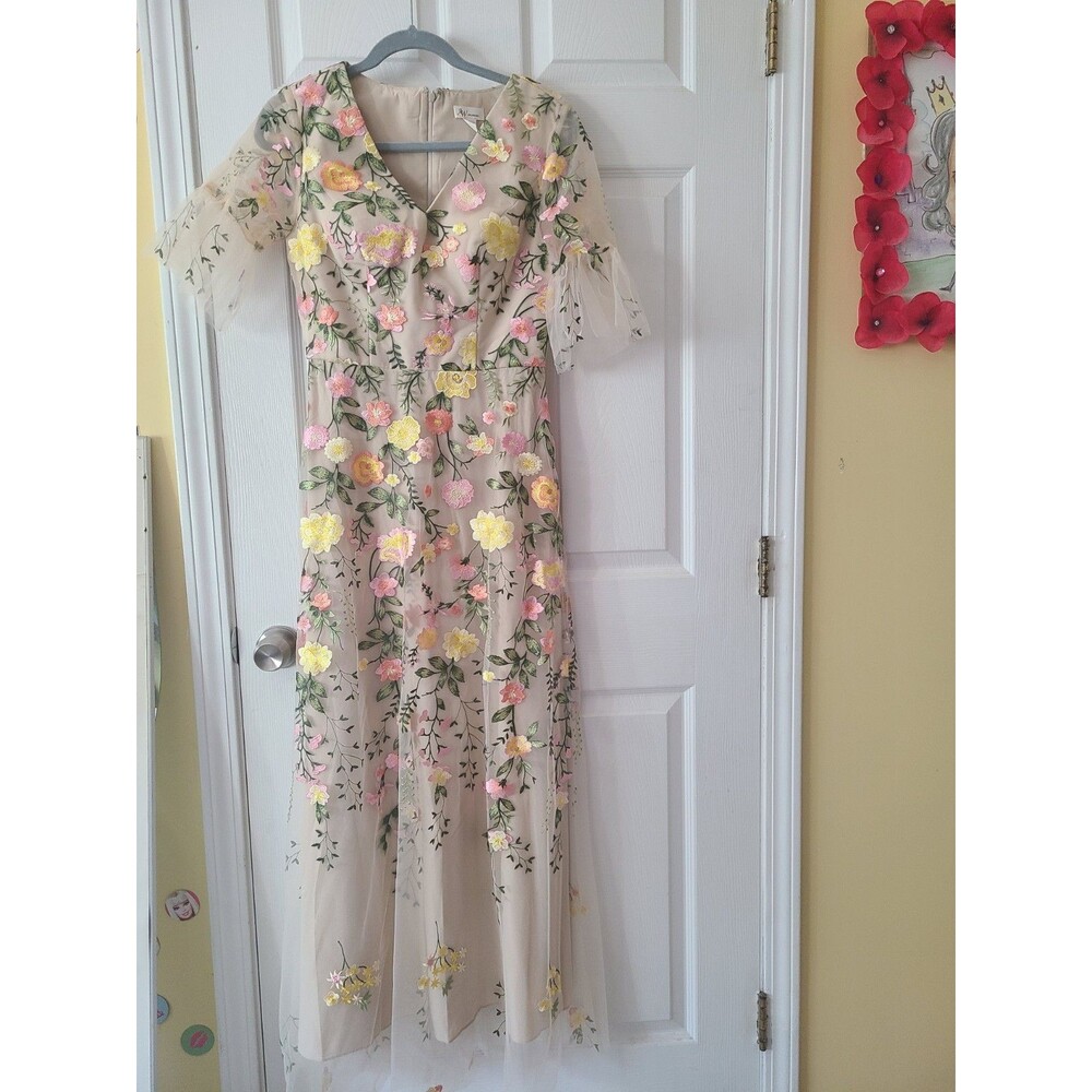 New Bridal Carole Formal Prom Dress Size 4 Beige Floral Embroidered Tulle Maxi - Picture 5 of 15